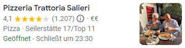 Ein Google Unternehmensprofil der Pizzeria Trattoria Salieri mit meiner Google Bewertung von 4,1 Sternen.
