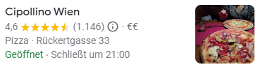 Ein Google Unternehmensprofil des Restaurants Cipollino Wien mit meiner Google Bewertung von 4,6 Sternen.